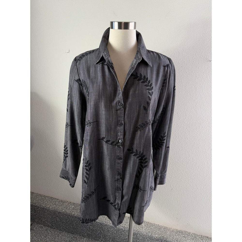 Soft Surroundings Women Medium Gray Embroidered Leaf Tencel Tunic Shirt Chambray